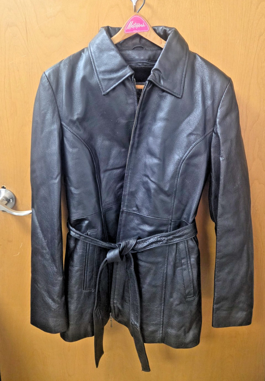 Vintage Oscar Piel Genuine Leather Belted Trench Coat Faux Fur Lined Black 2XL